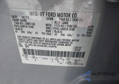 2013 Lincoln Mkx z USA, uszkodzony, nr VIN 2LMDJ6JK5DBL33476